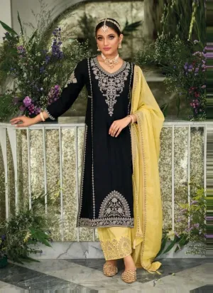 Appealing Black Colored Embroidery Work Premium Silk Palazzo Suits For Women