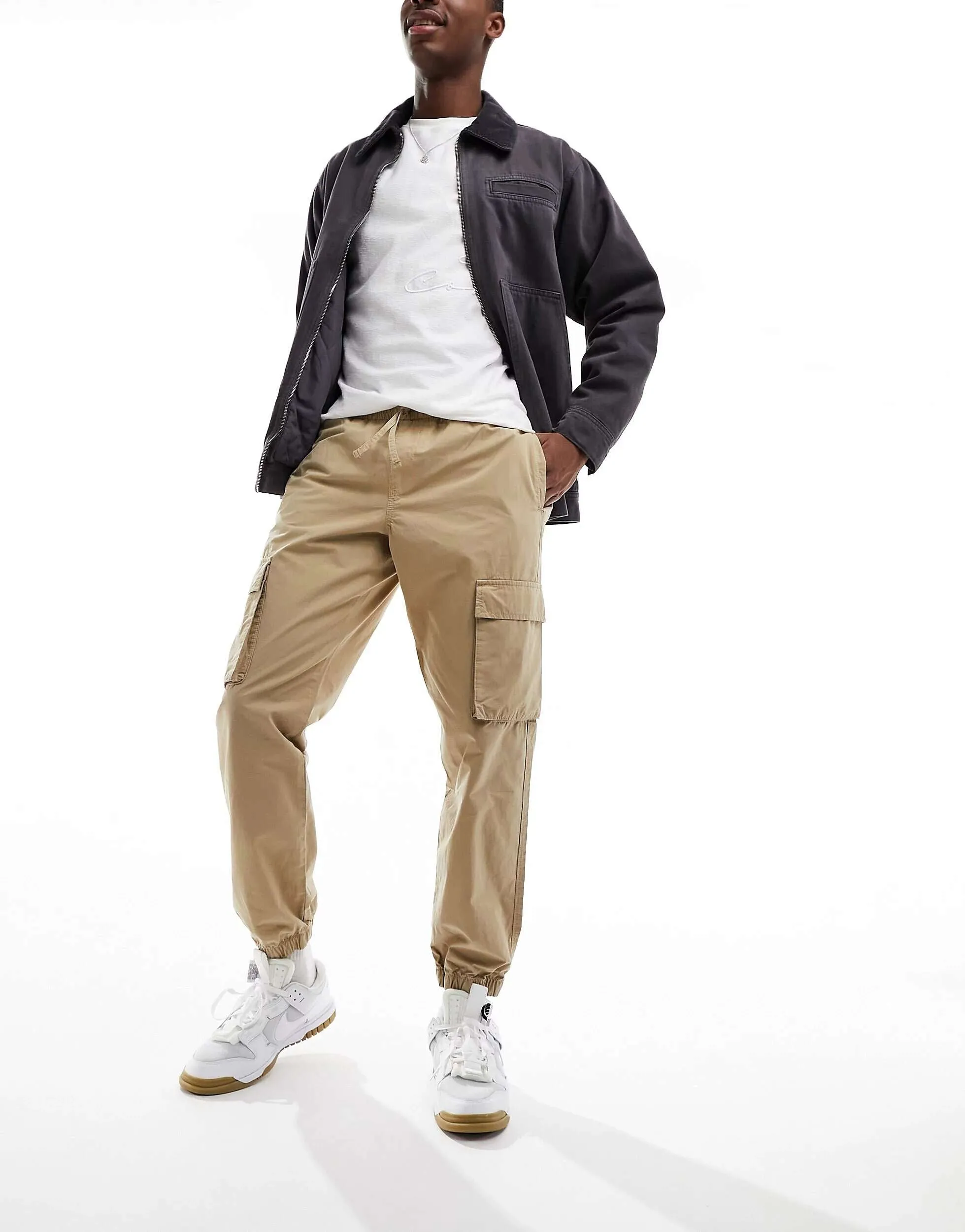 ASOS Tapered Cargo Pants in Stonewash with Elastic Waist