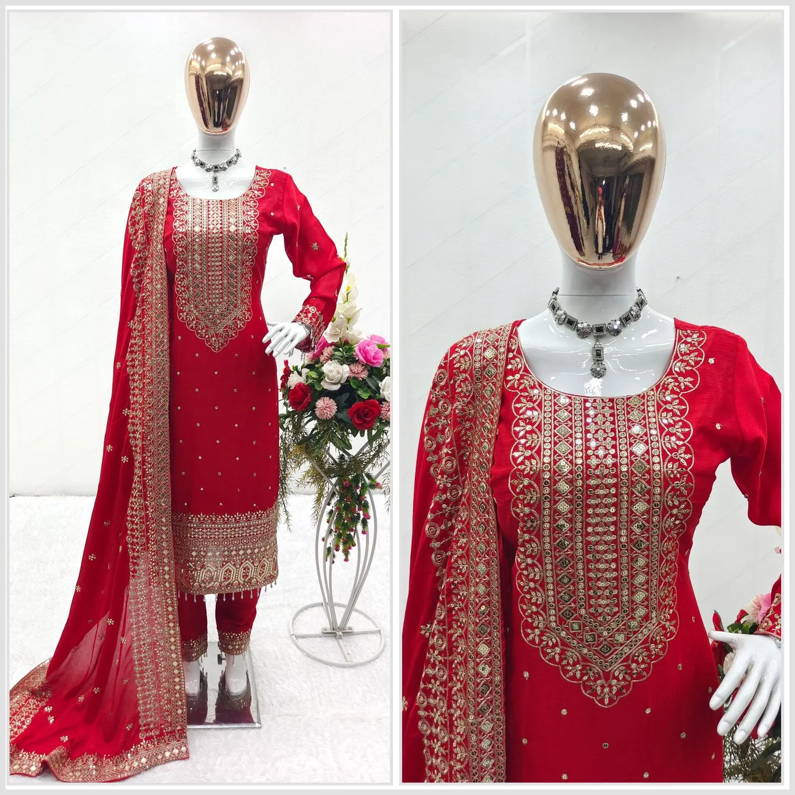 Attractive Red Color Chinon Silk Embroidery Work Kurti Suit With Dupatta