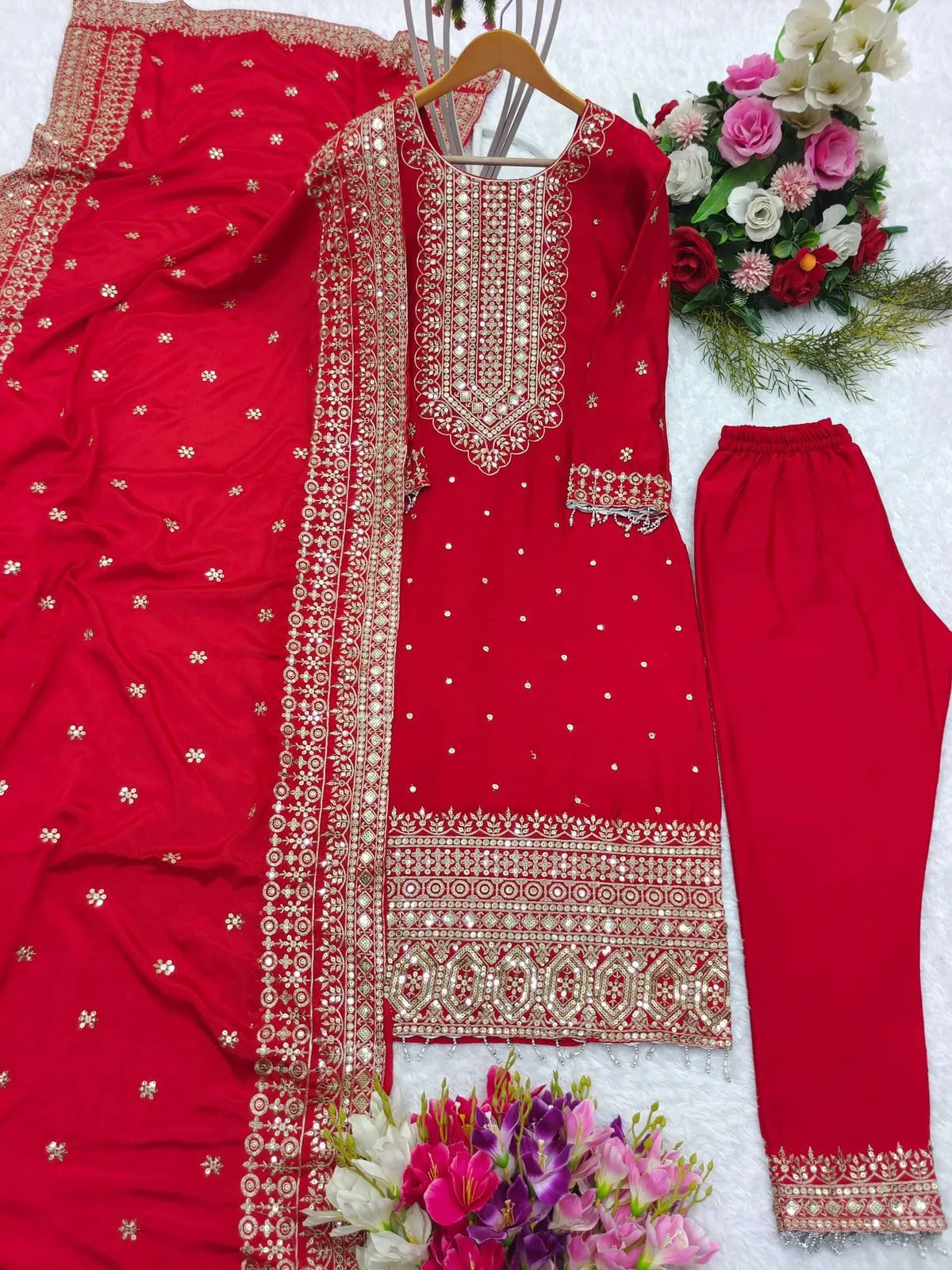 Attractive Red Color Chinon Silk Embroidery Work Kurti Suit With Dupatta