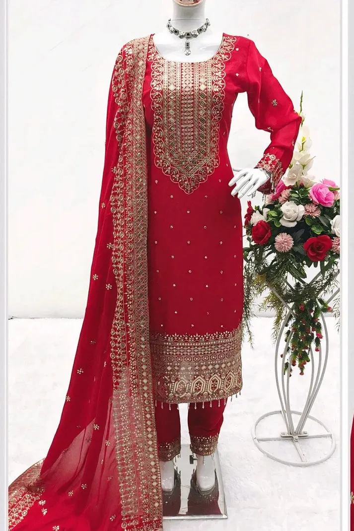 Attractive Red Color Chinon Silk Embroidery Work Kurti Suit With Dupatta