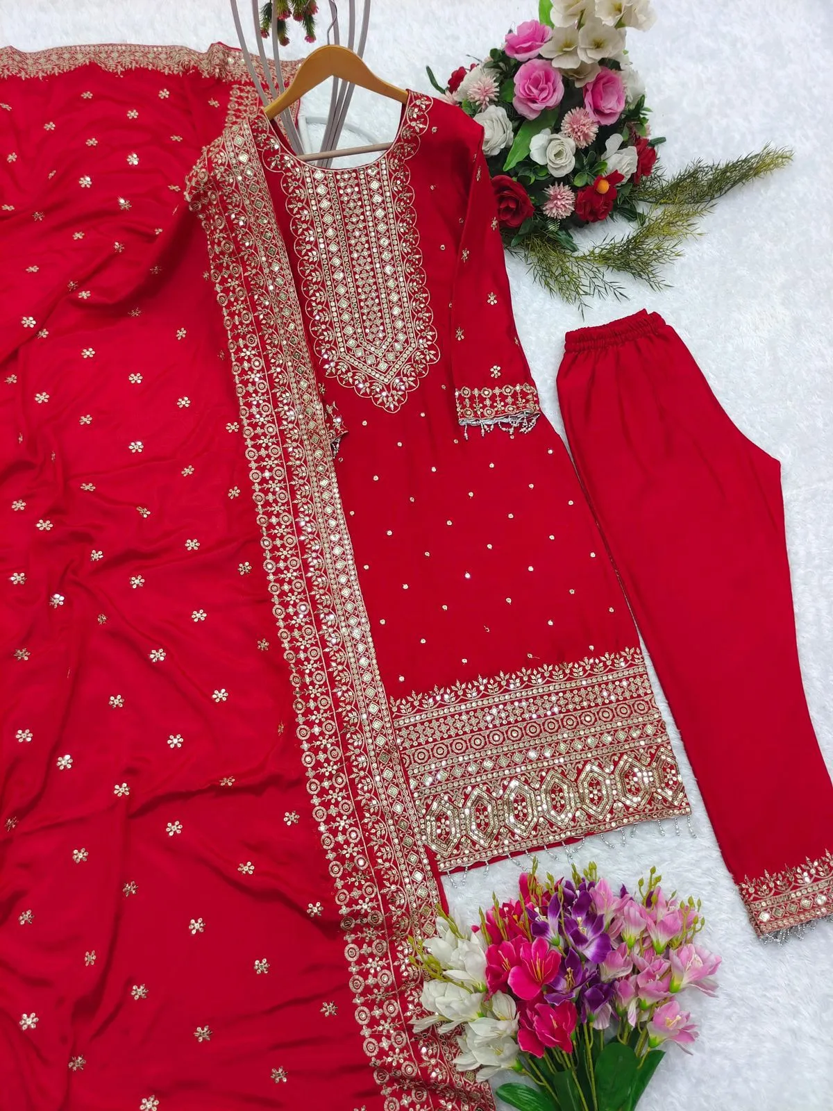 Attractive Red Color Chinon Silk Embroidery Work Kurti Suit With Dupatta