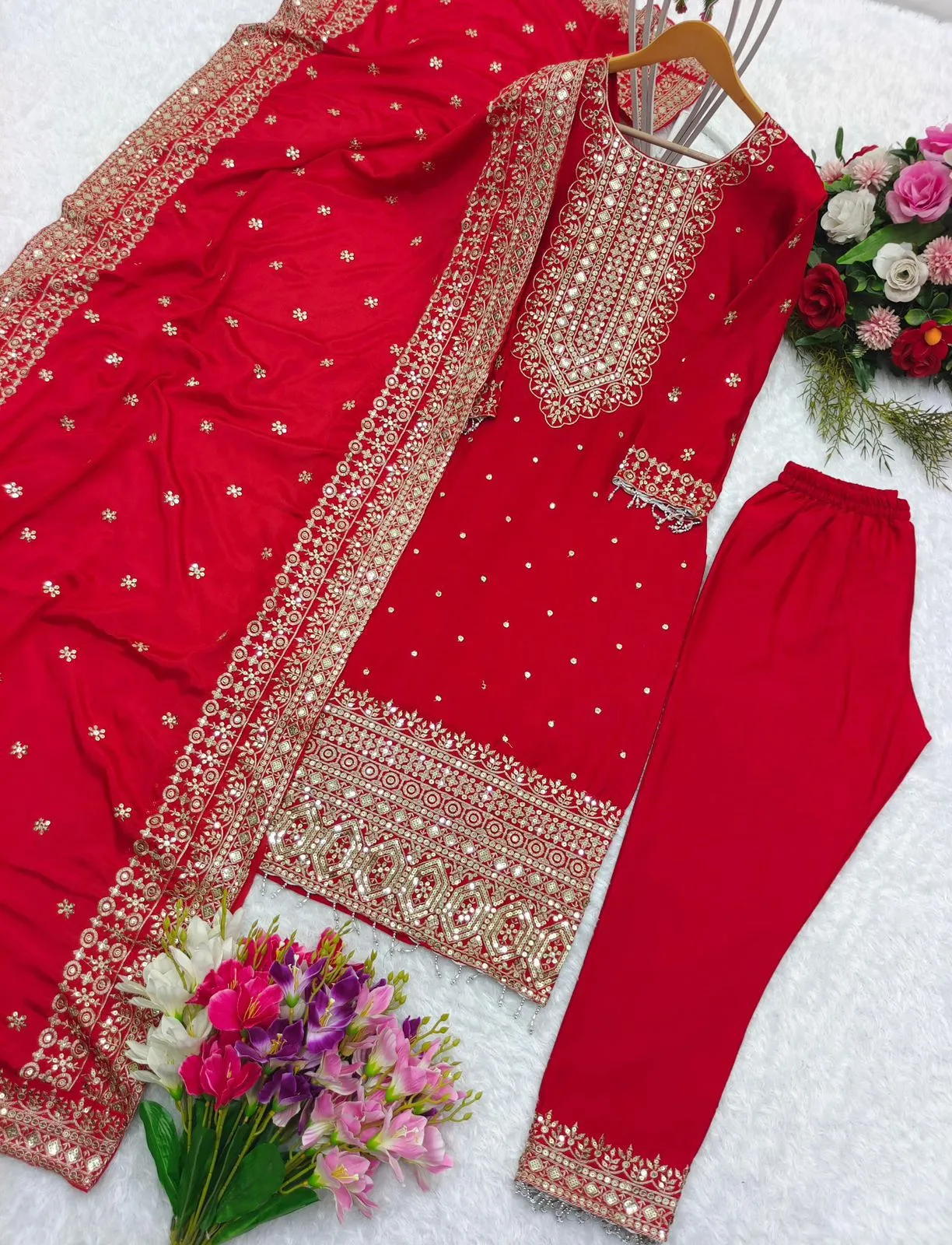 Attractive Red Color Chinon Silk Embroidery Work Kurti Suit With Dupatta