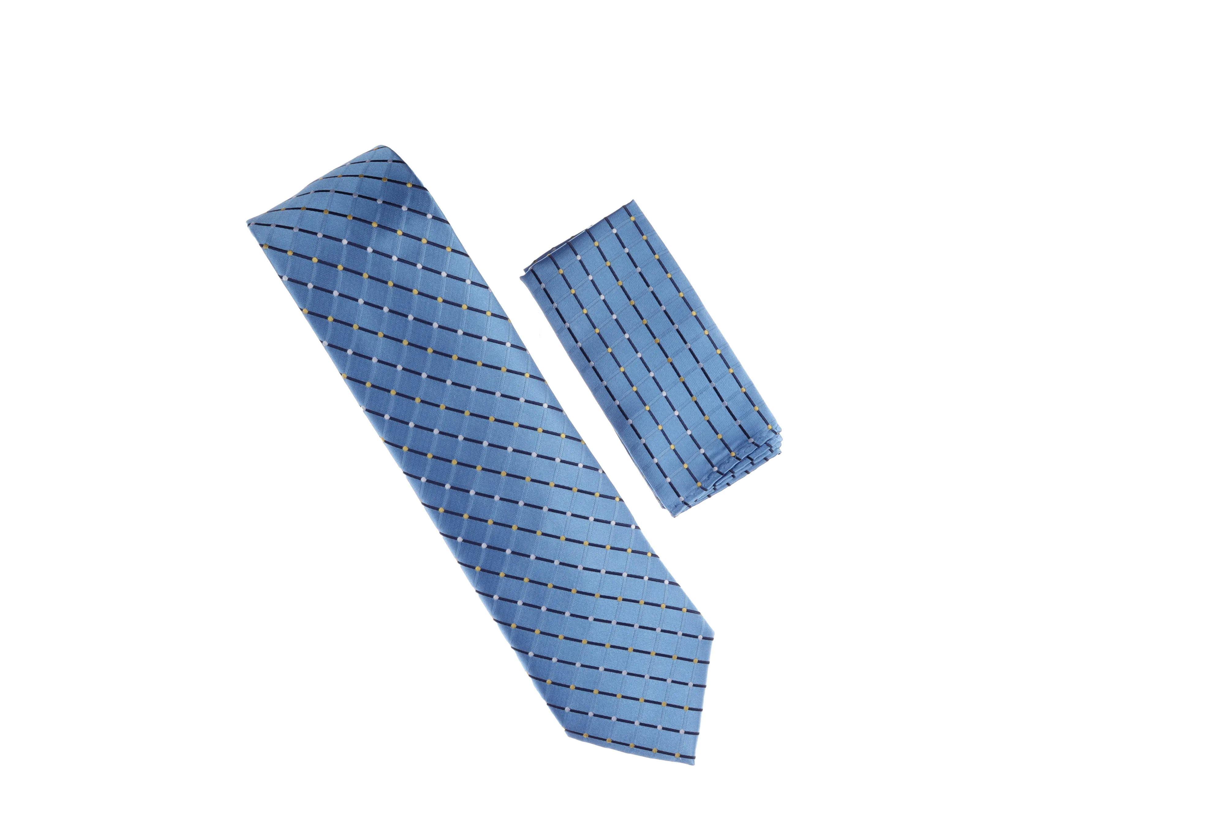 Baby Blue, Navy Stripes with Gold and Silver Dot Necktie Set with Matching Pocket Square LTD-BB125