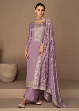 Beautiful Lavender & Gold Embroidered Premium Silk Salwar Suit