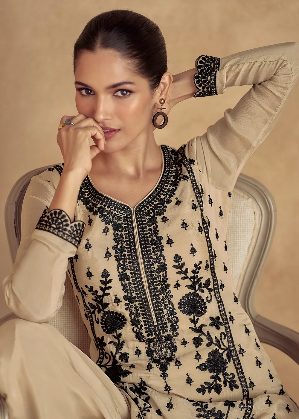 Beige Embroidered Lucknowi Style Palazzo Suit