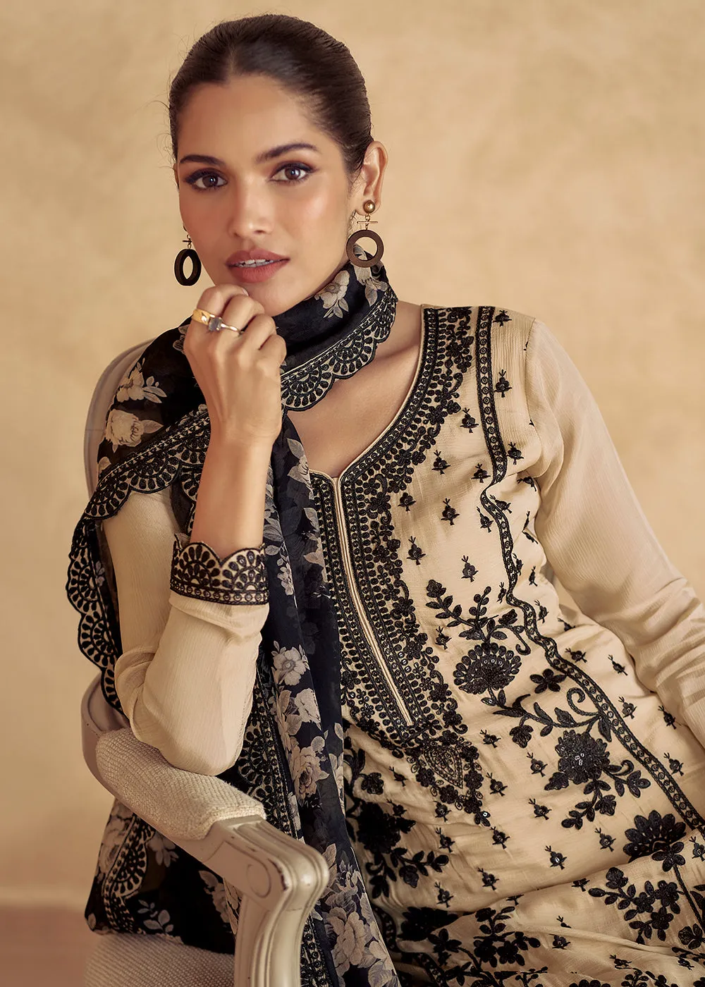 Beige Embroidered Lucknowi Style Palazzo Suit