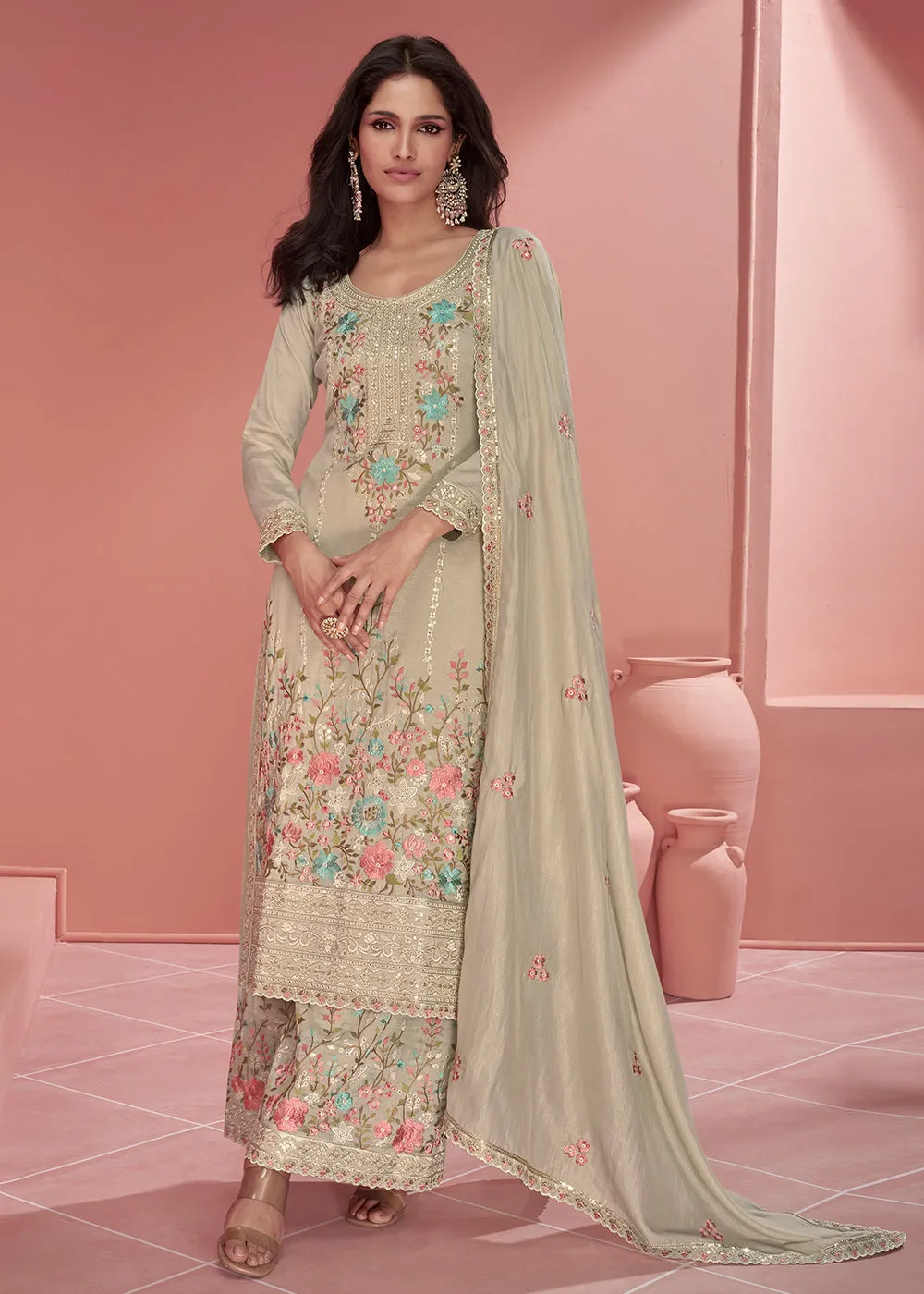 Beige Organza Simar Silk Embroidered Palazzo Style Suit