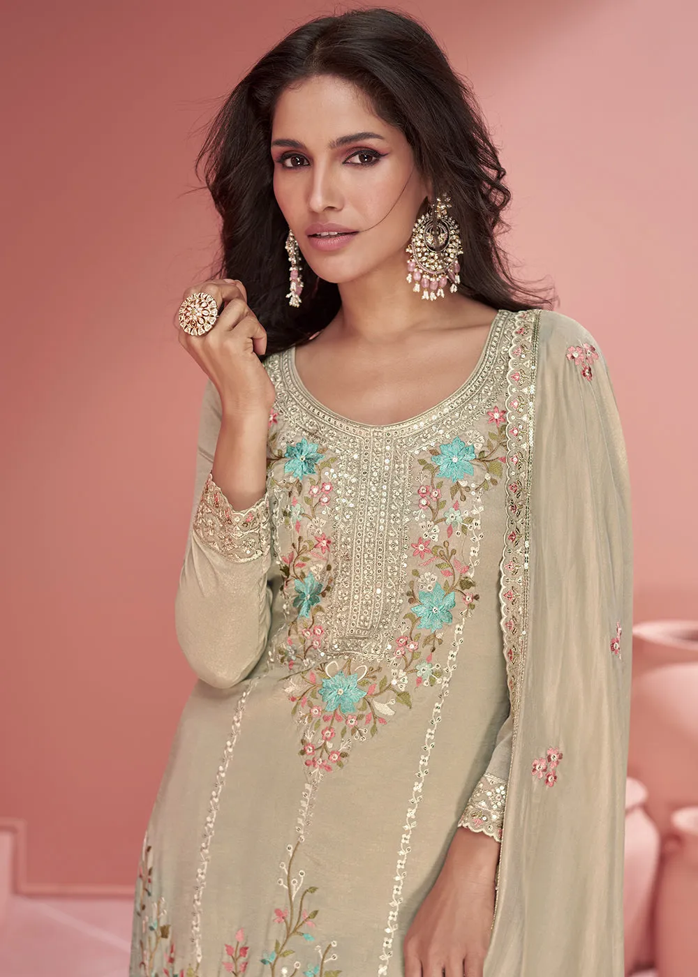 Beige Organza Simar Silk Embroidered Palazzo Style Suit