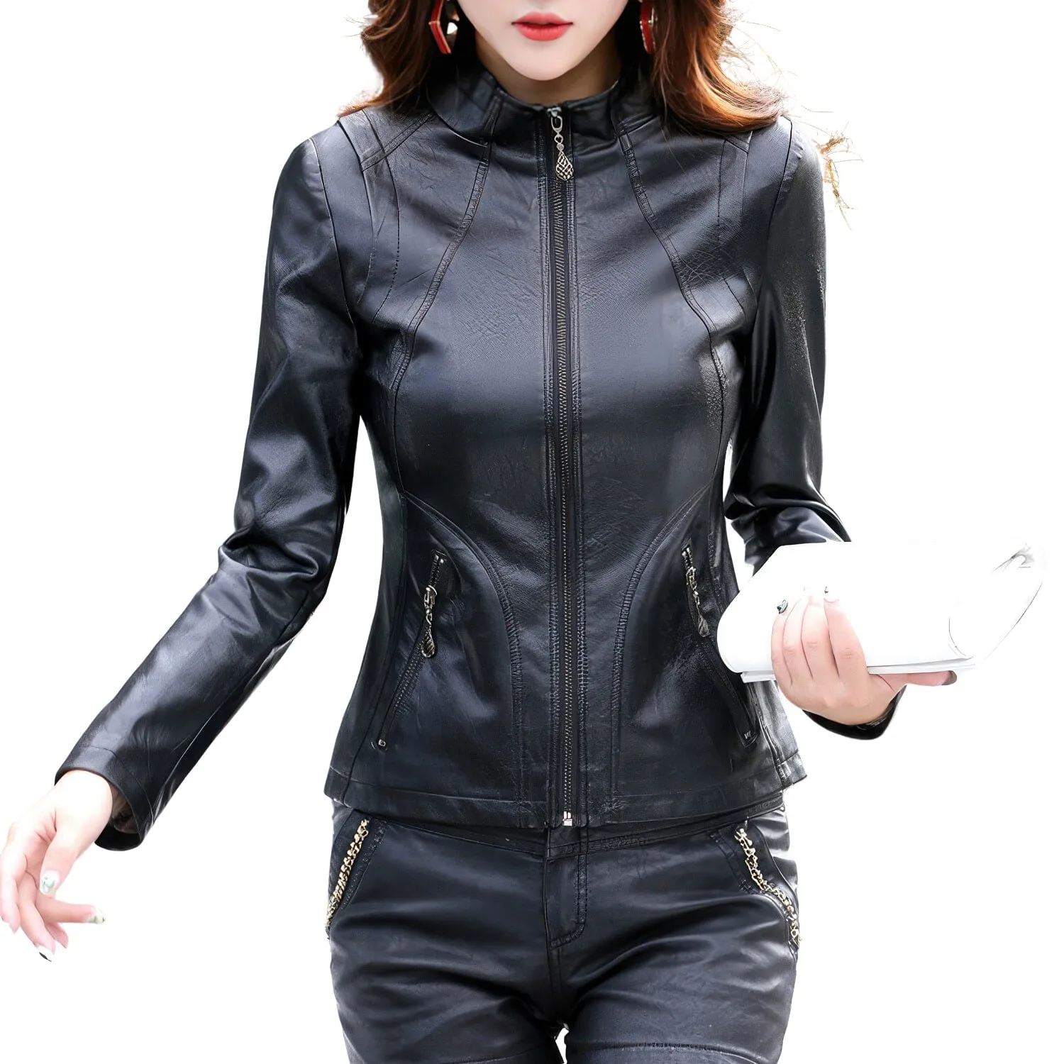 Black Rider Women's Genuine Sheepskin Leather Jacket with Stand Collar - Sporty, Slim Fit, Classic Retro Motorcycle Style