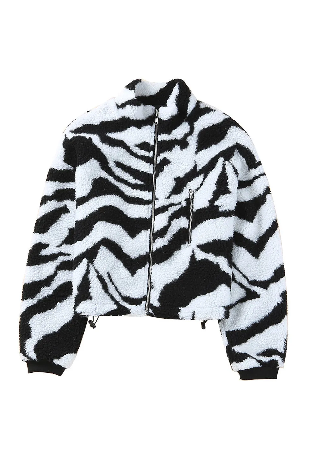 Black Zebra Teddy Zip-Up High Neck Jacket