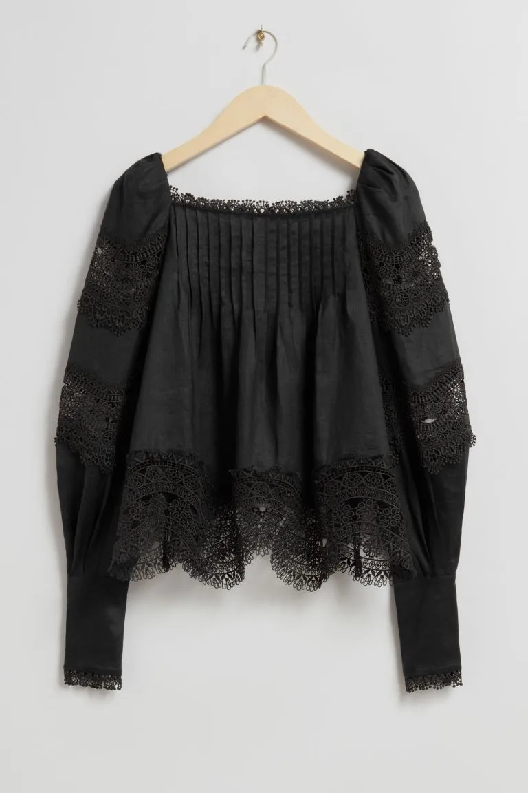 Blouse with lace trim H&M, black