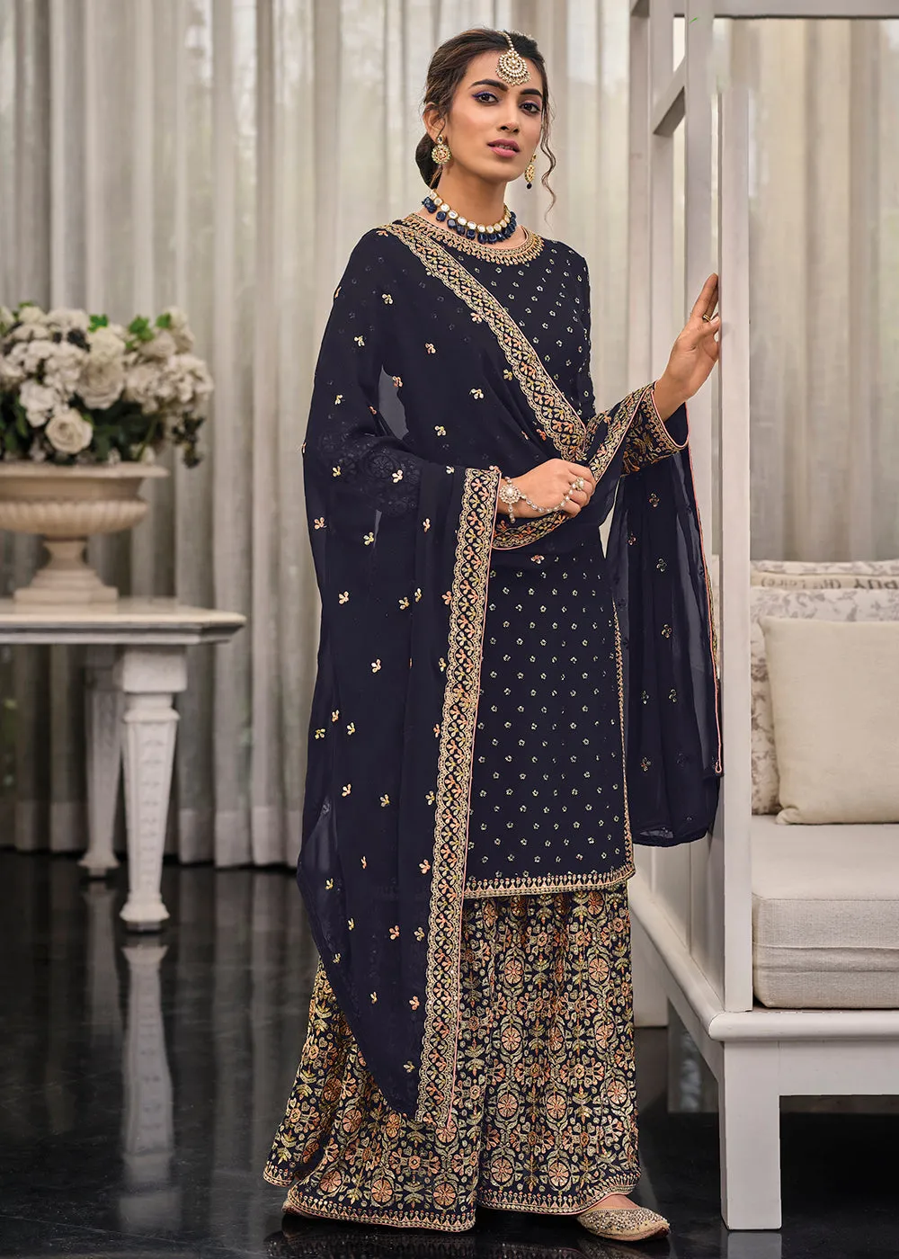 Blue Chinon & Georgette Designer Palazzo Salwar Suit