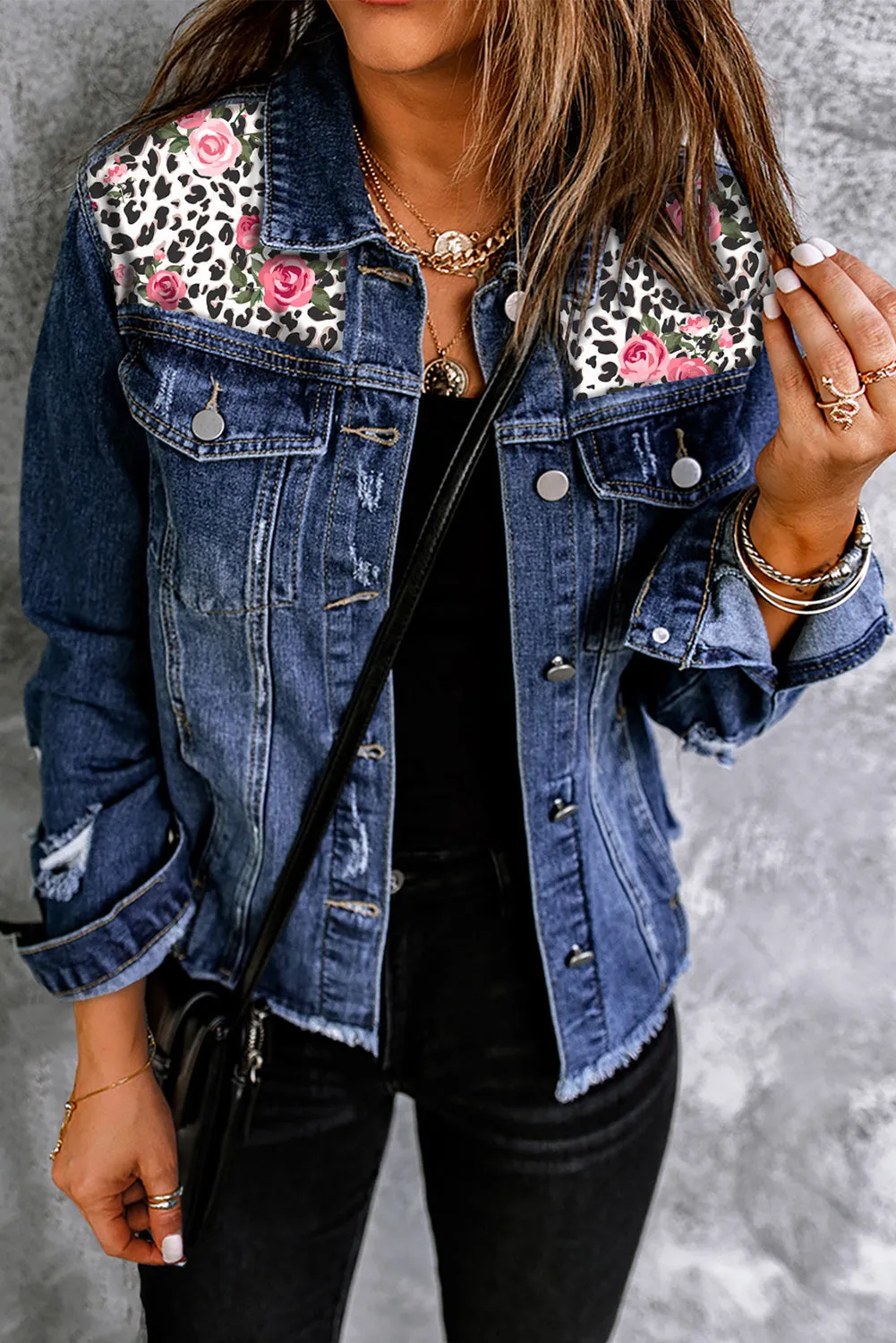 Blue Pattern Print Splicing Distressed Denim Jacket