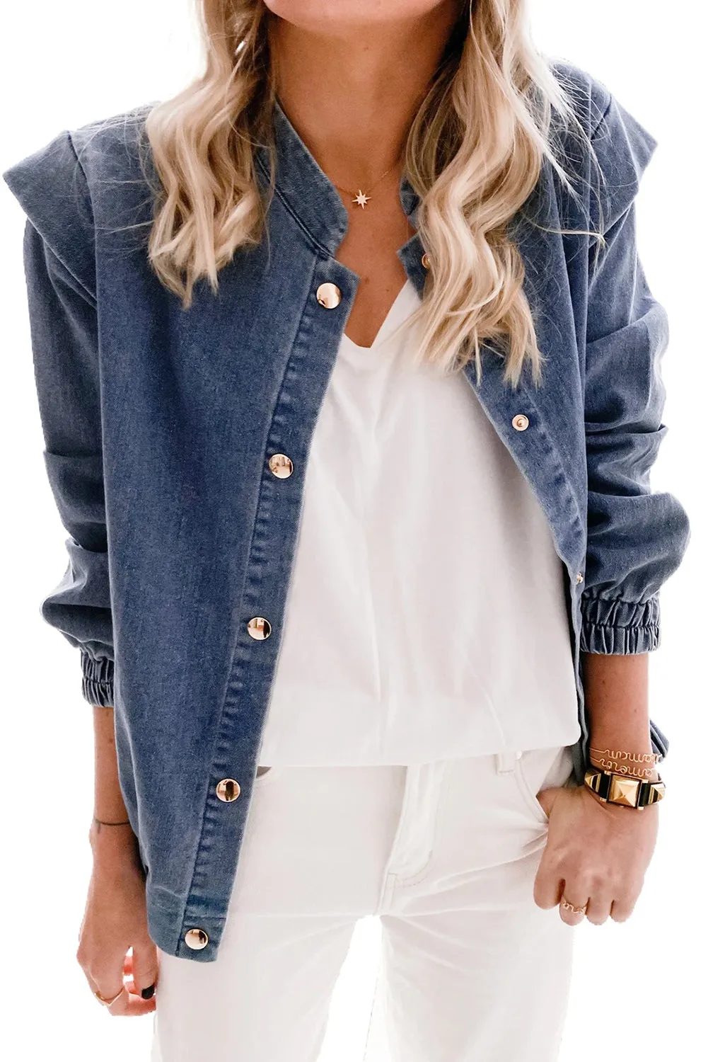 Blue Solid Color Elastic Cuffs Buttoned Denim Jacket