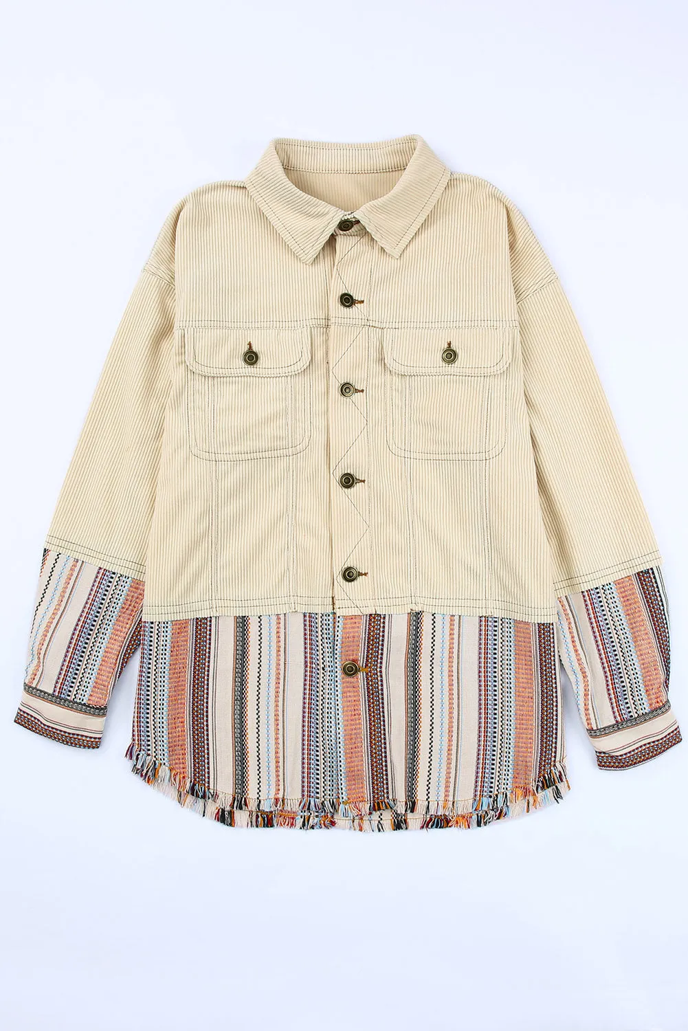 Button Up Pockets Striped Color Block Corduroy Jacket