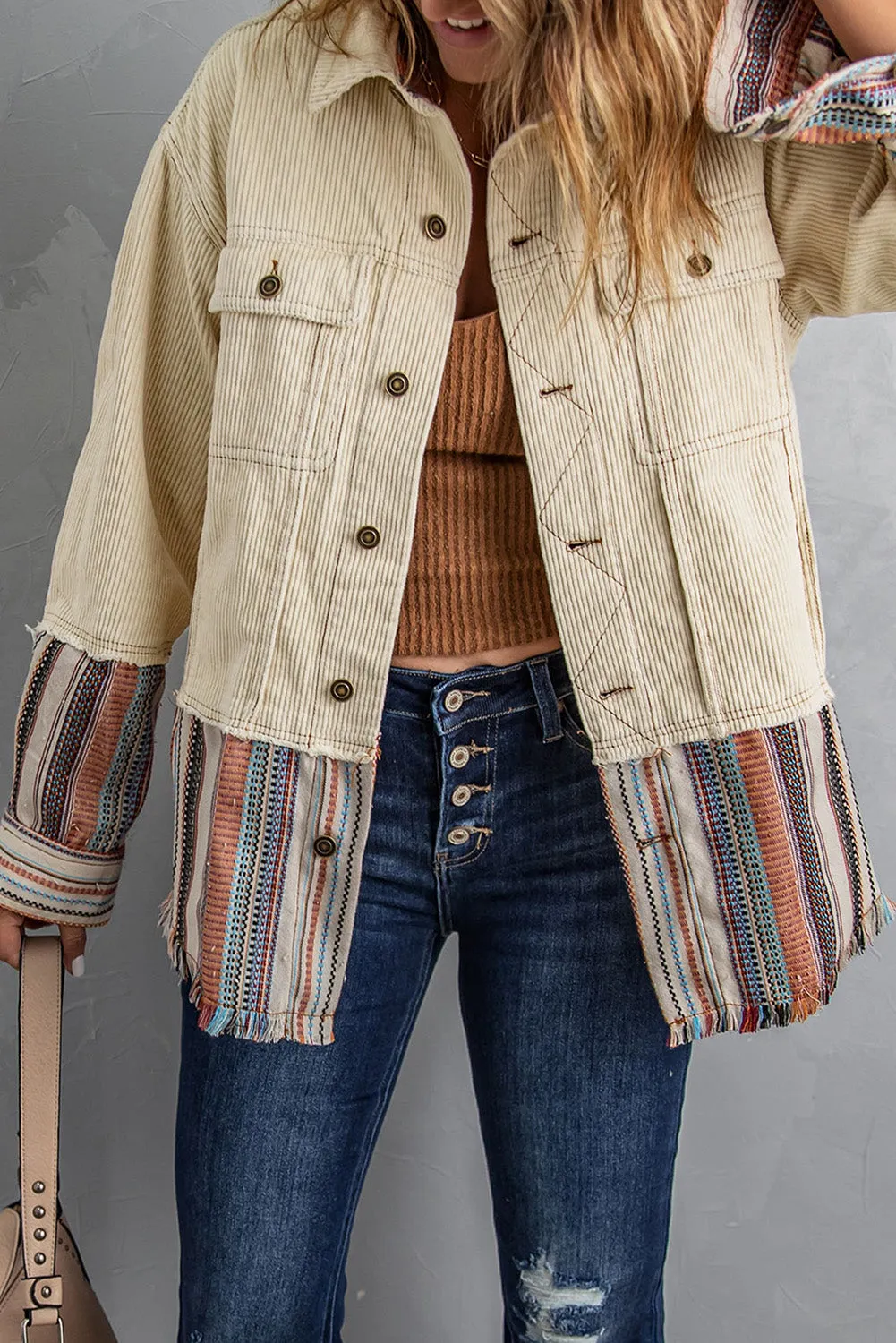 Button Up Pockets Striped Color Block Corduroy Jacket