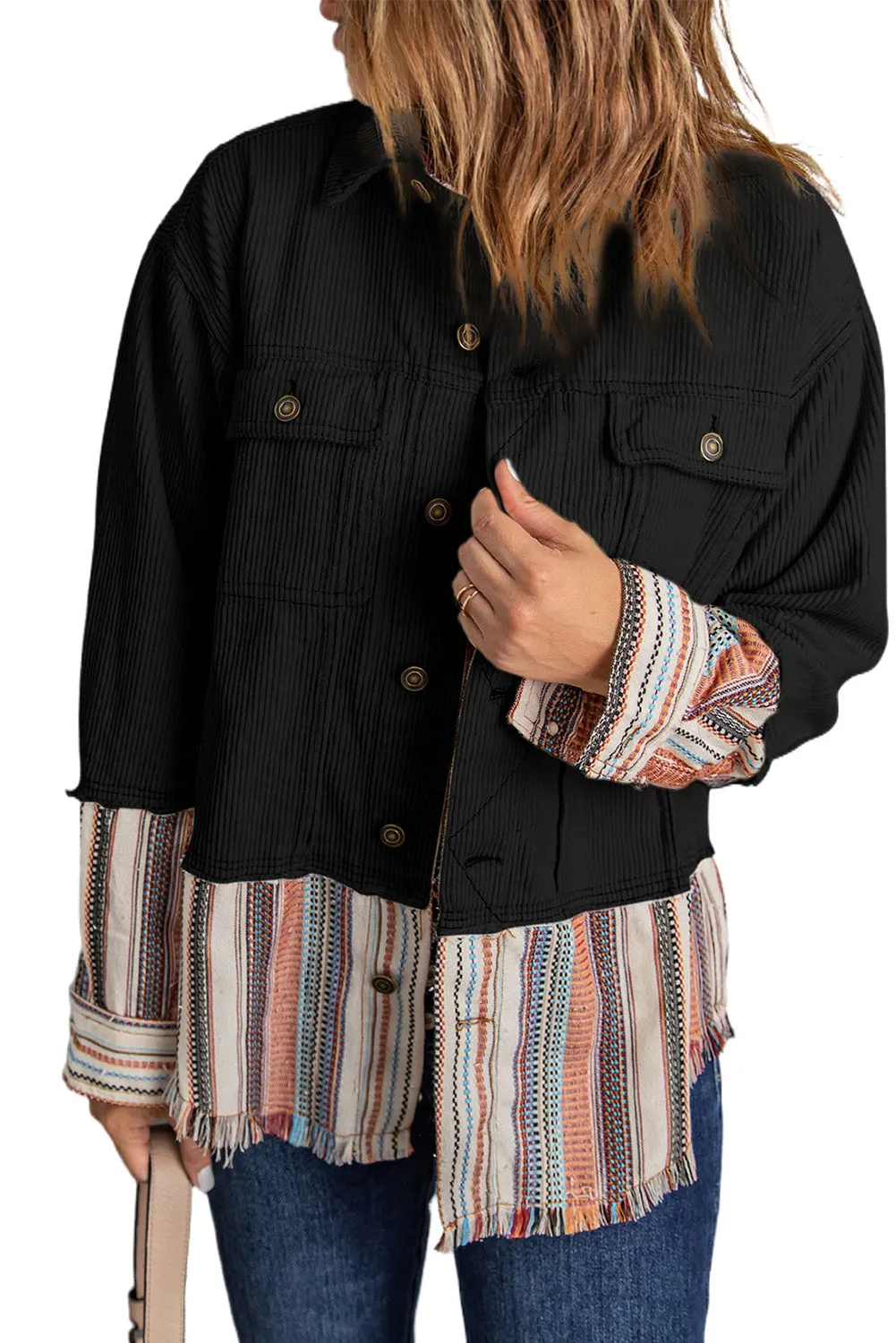 Button Up Pockets Striped Color Block Corduroy Jacket