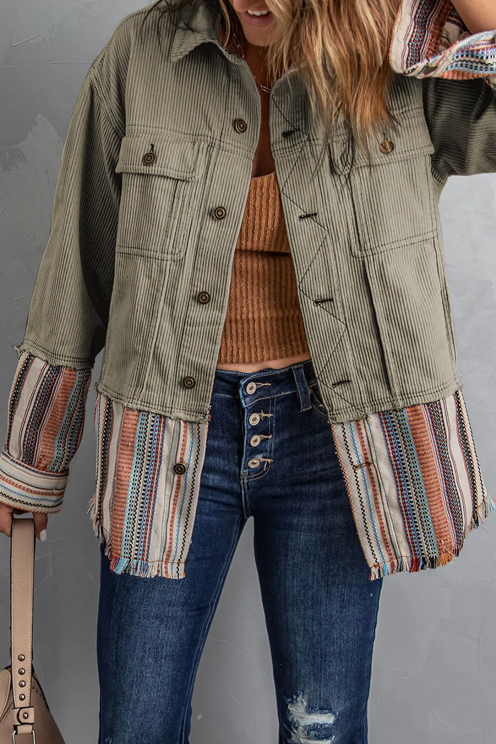 Button Up Pockets Striped Color Block Corduroy Jacket