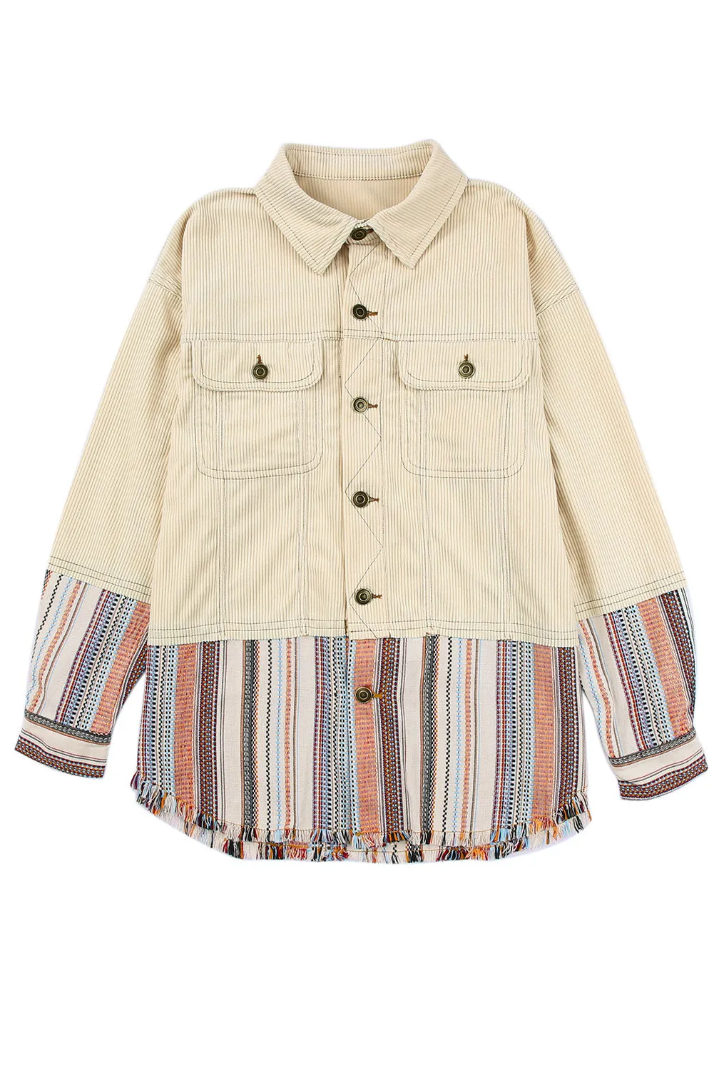 Button Up Pockets Striped Color Block Corduroy Jacket