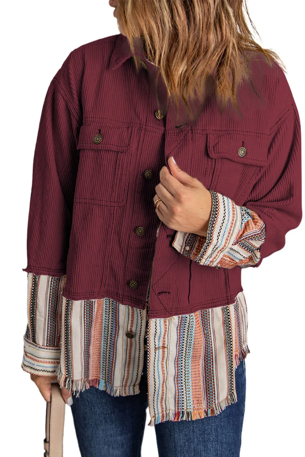 Button Up Pockets Striped Color Block Corduroy Jacket