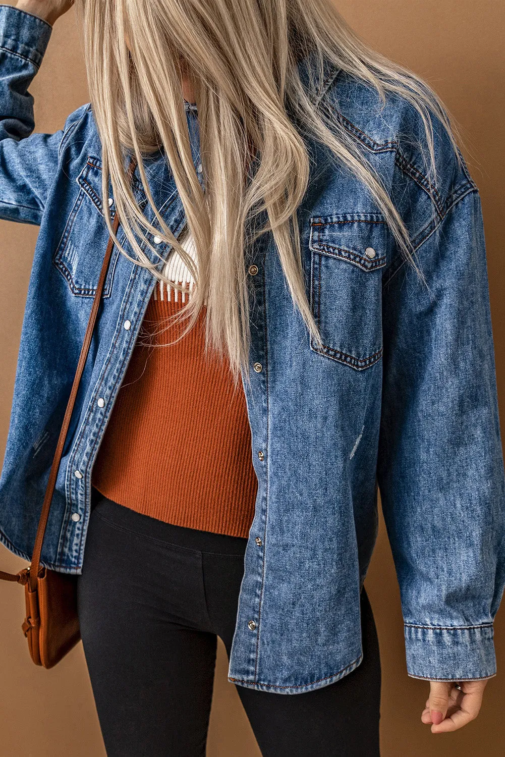 Chest Pockets Long Sleeve Denim Shirt Jacket