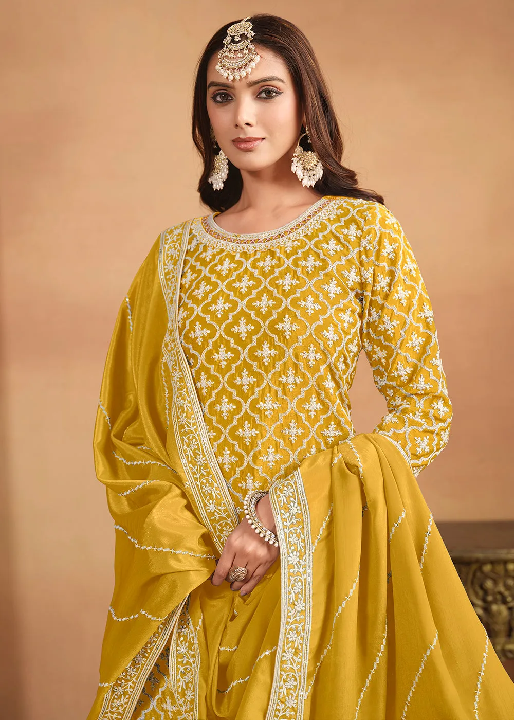 Chinnon Yellow Multicolor Embroidered Lehenga Style Suit