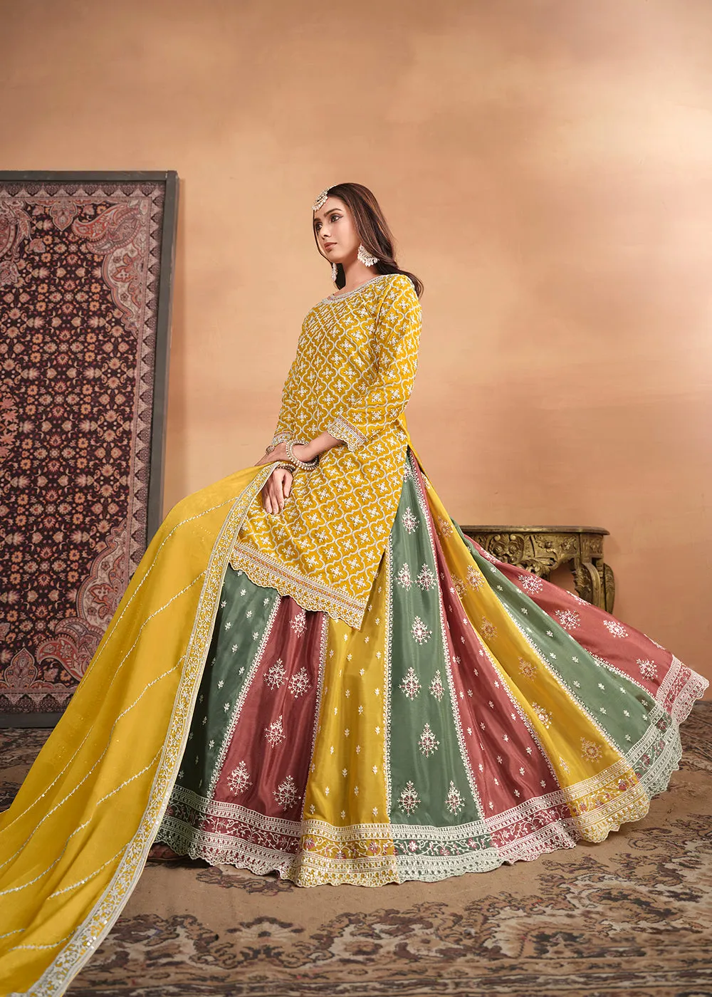 Chinnon Yellow Multicolor Embroidered Lehenga Style Suit