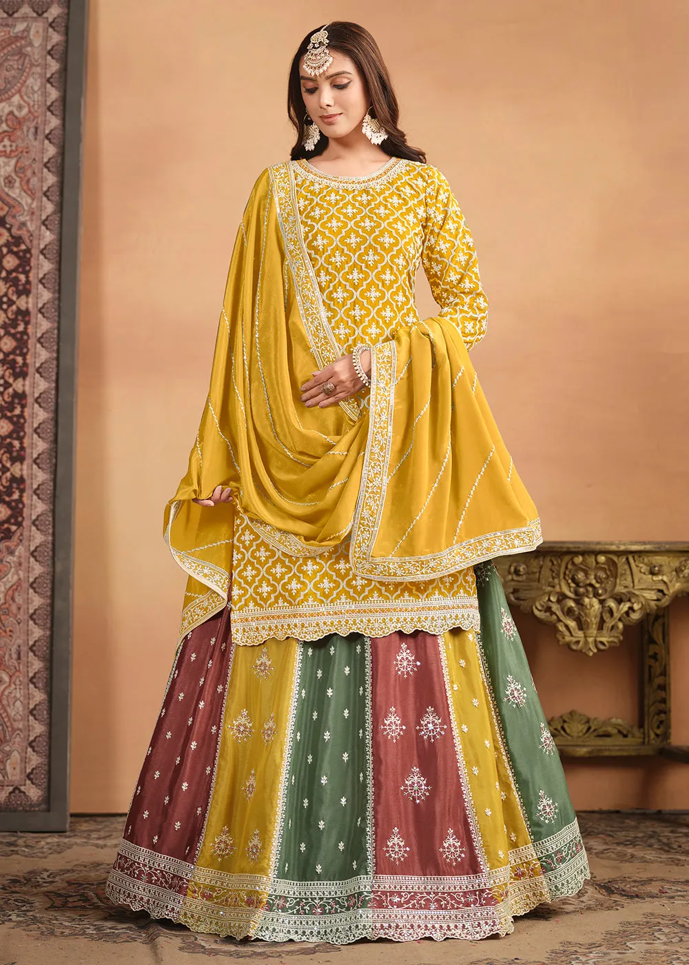 Chinnon Yellow Multicolor Embroidered Lehenga Style Suit