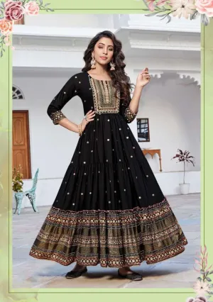 Elegant Black Color Partywear Long Anarkali Suit With Embroidery Work