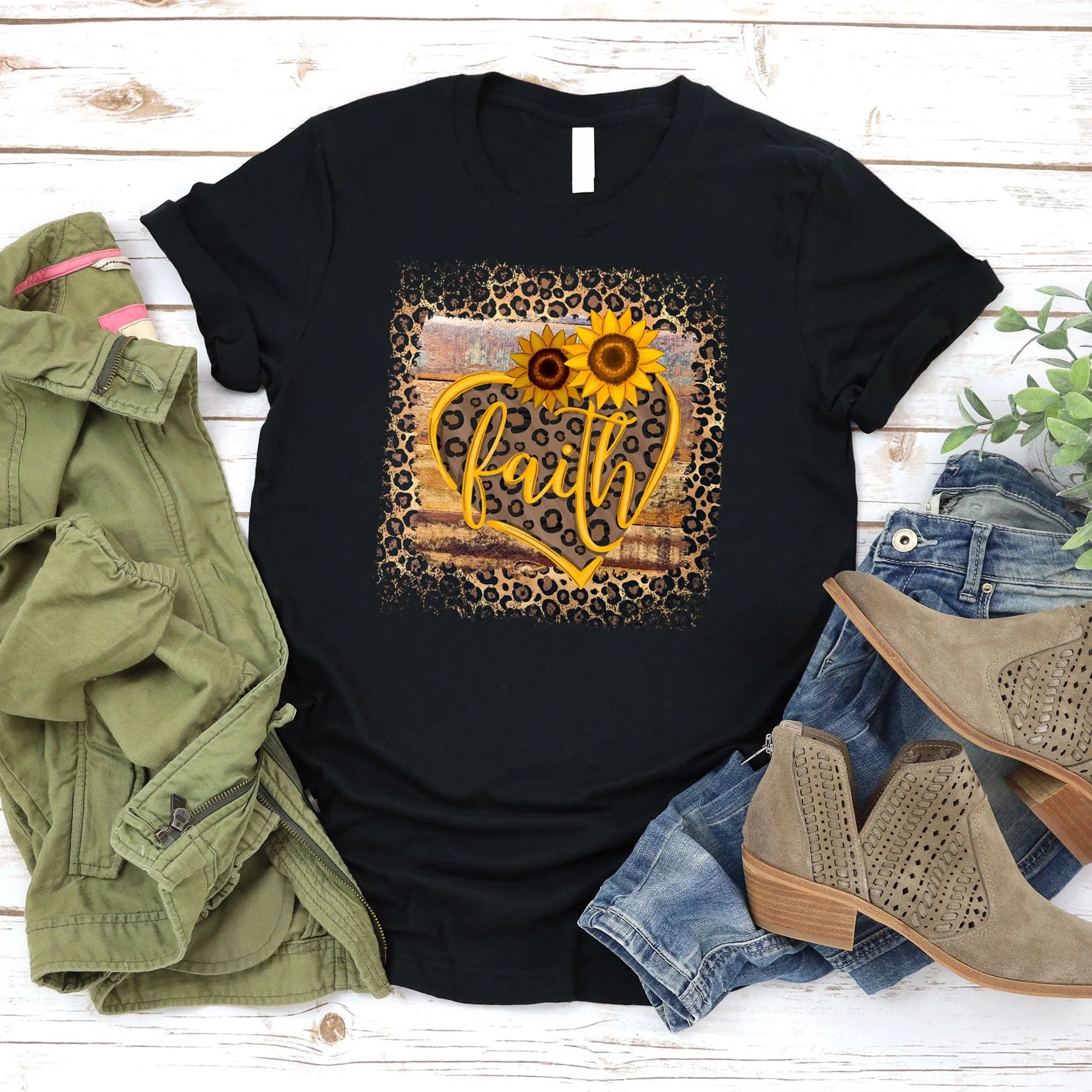 Faith Leopard Sunflower T Shirts For Women - Women's Christian T Shirts - Women's Religious Shirts