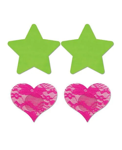 Fantasy Uv Reactive Neon Star & Lace Heart Pasties - Green & Pink O-s Pack Of 2