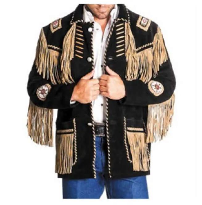 Fringed, Southwest Black & Tan Genuine Suede Jacket, Men Western Jacket