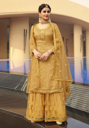 Golden Yellow Jacquard Silk Embroidered Palazzo Suit