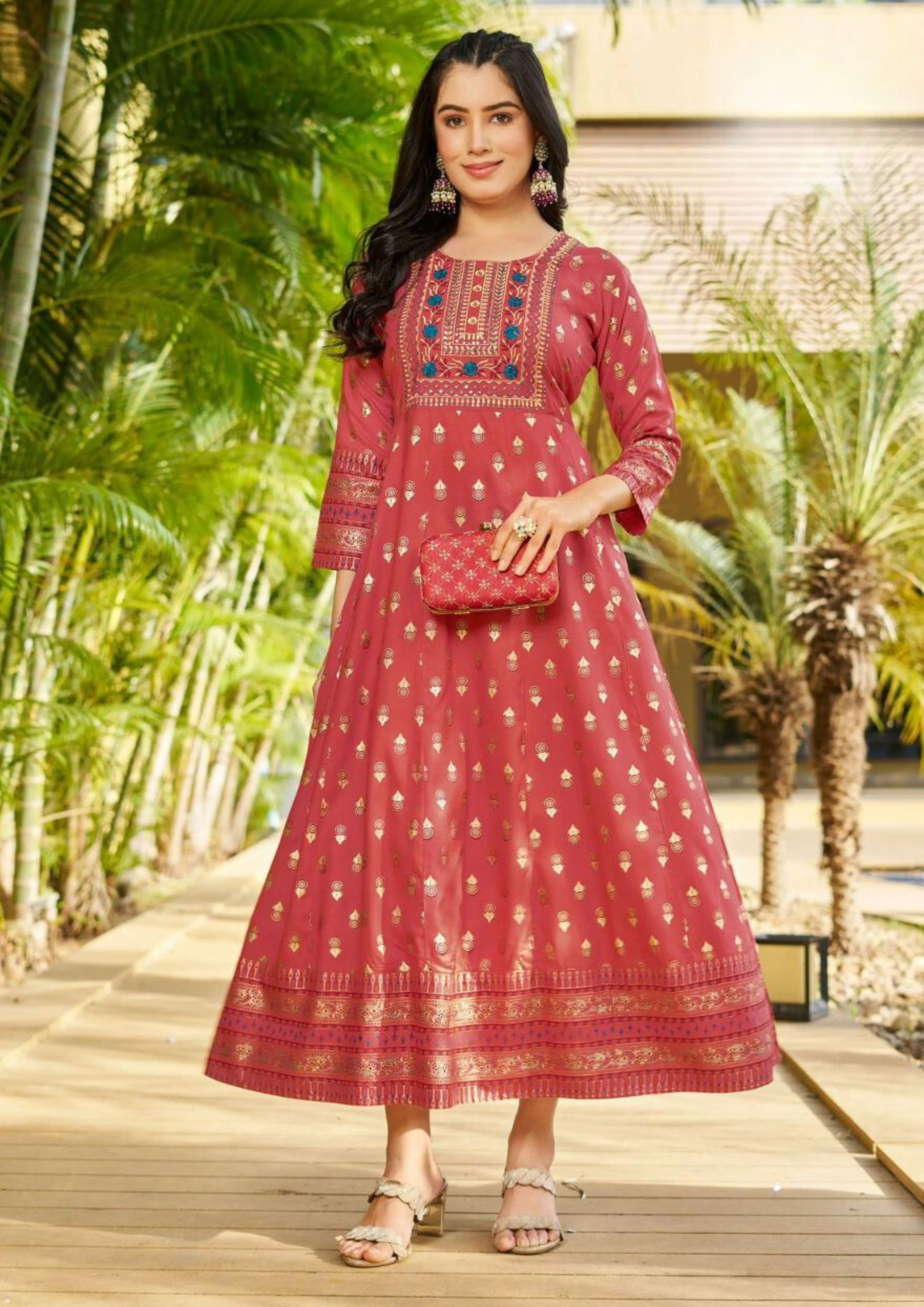 Gorgeous Red Color Rayon Foil Print Anarkali Gown With  Embroidery Work