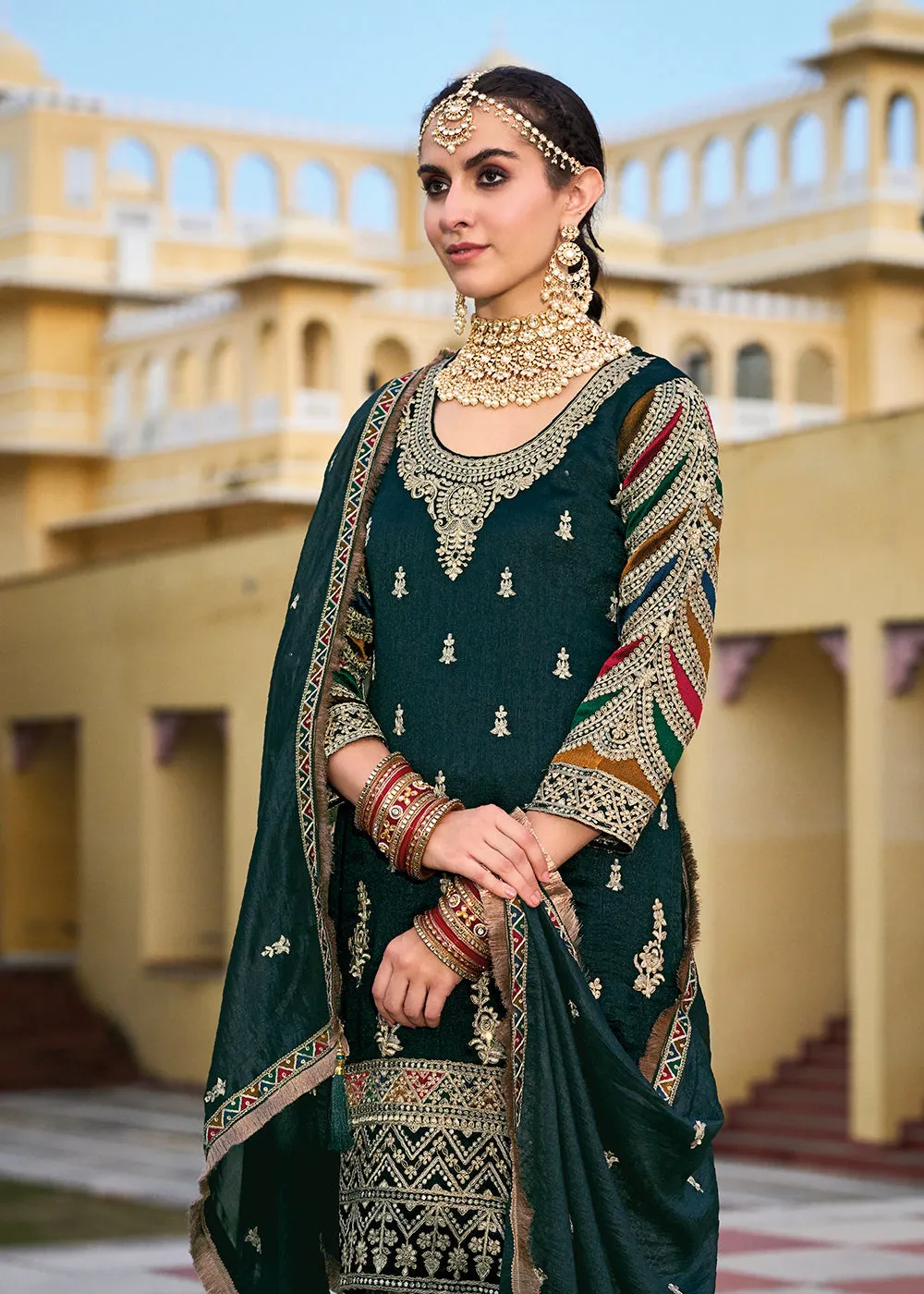 Green Premium Silk Embroidered Festive Ready Palazzo Suit