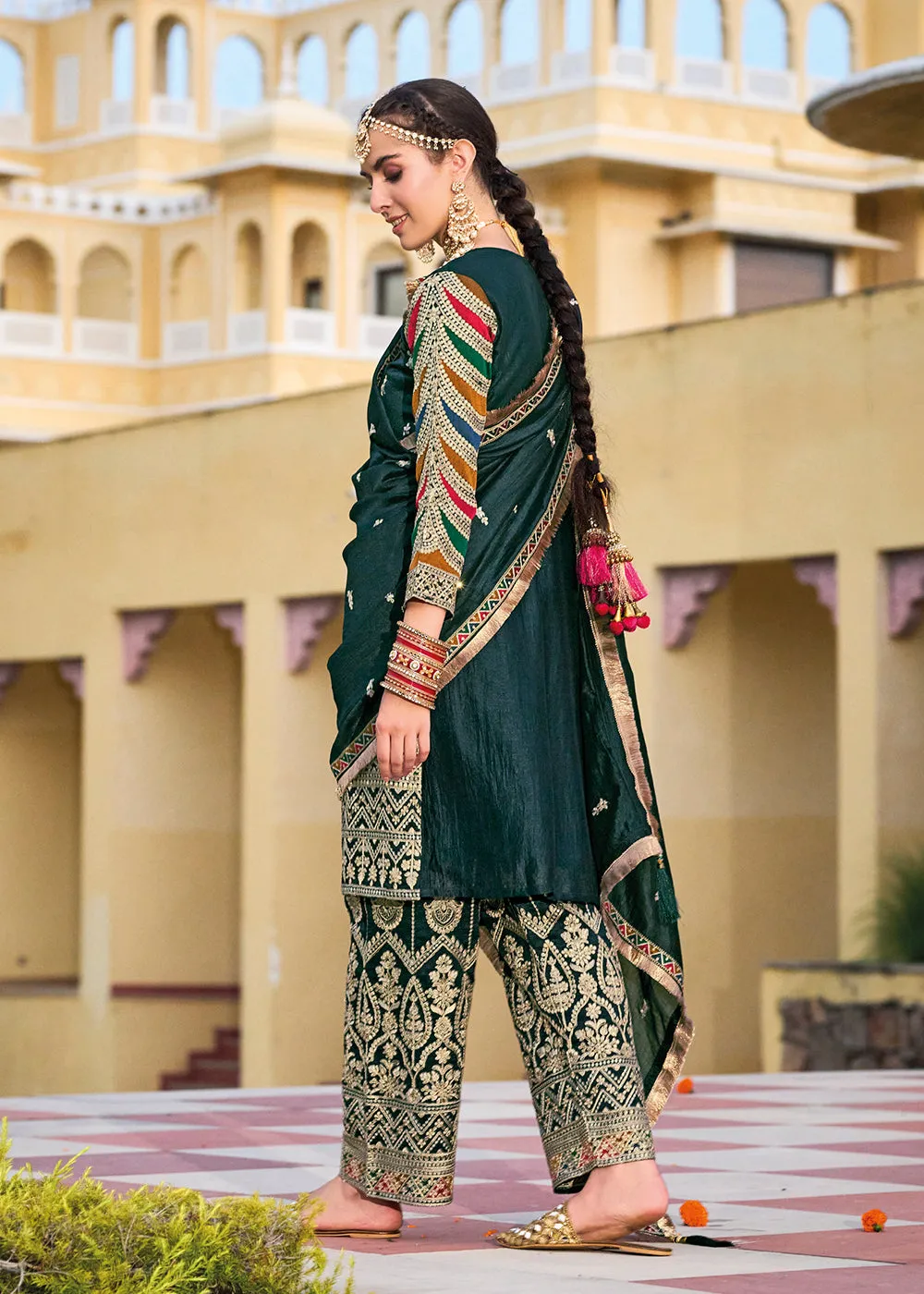 Green Premium Silk Embroidered Festive Ready Palazzo Suit