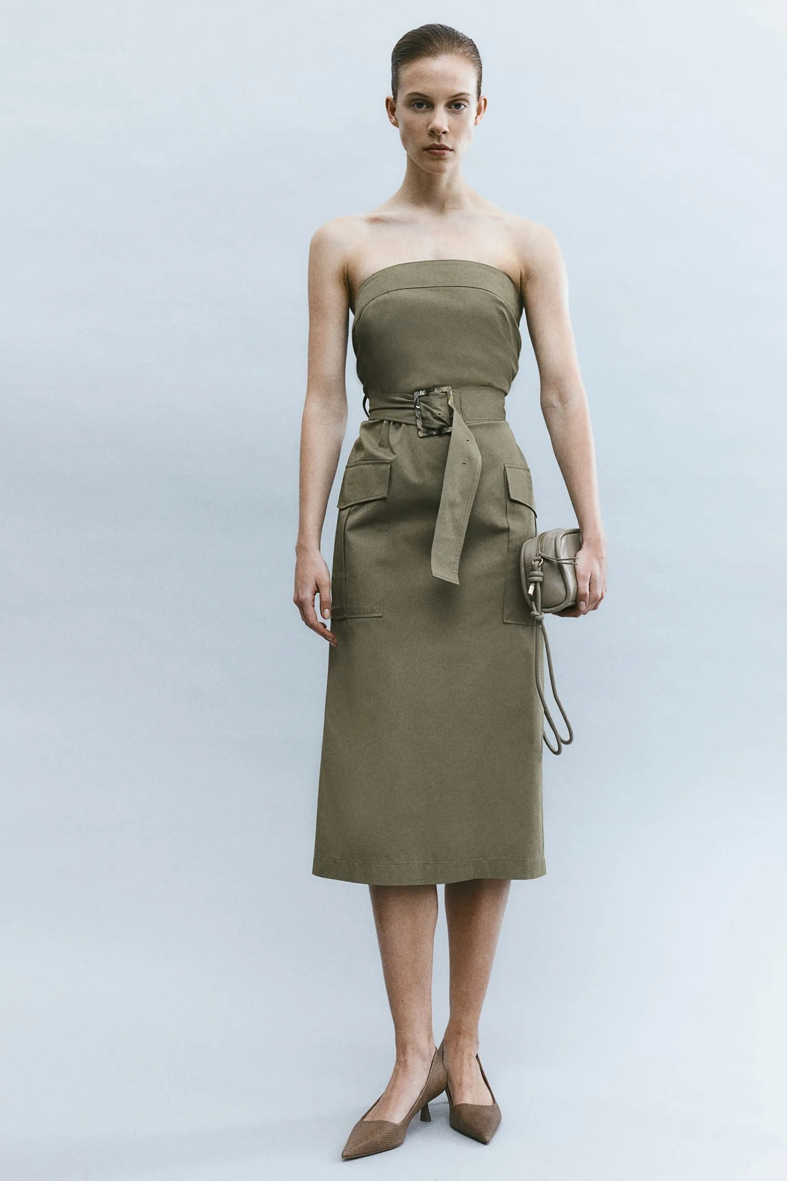 H&M Belted Bandeau dress, khaki