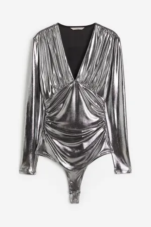 H&M Draped V-neck Thong Bodysuit, silver