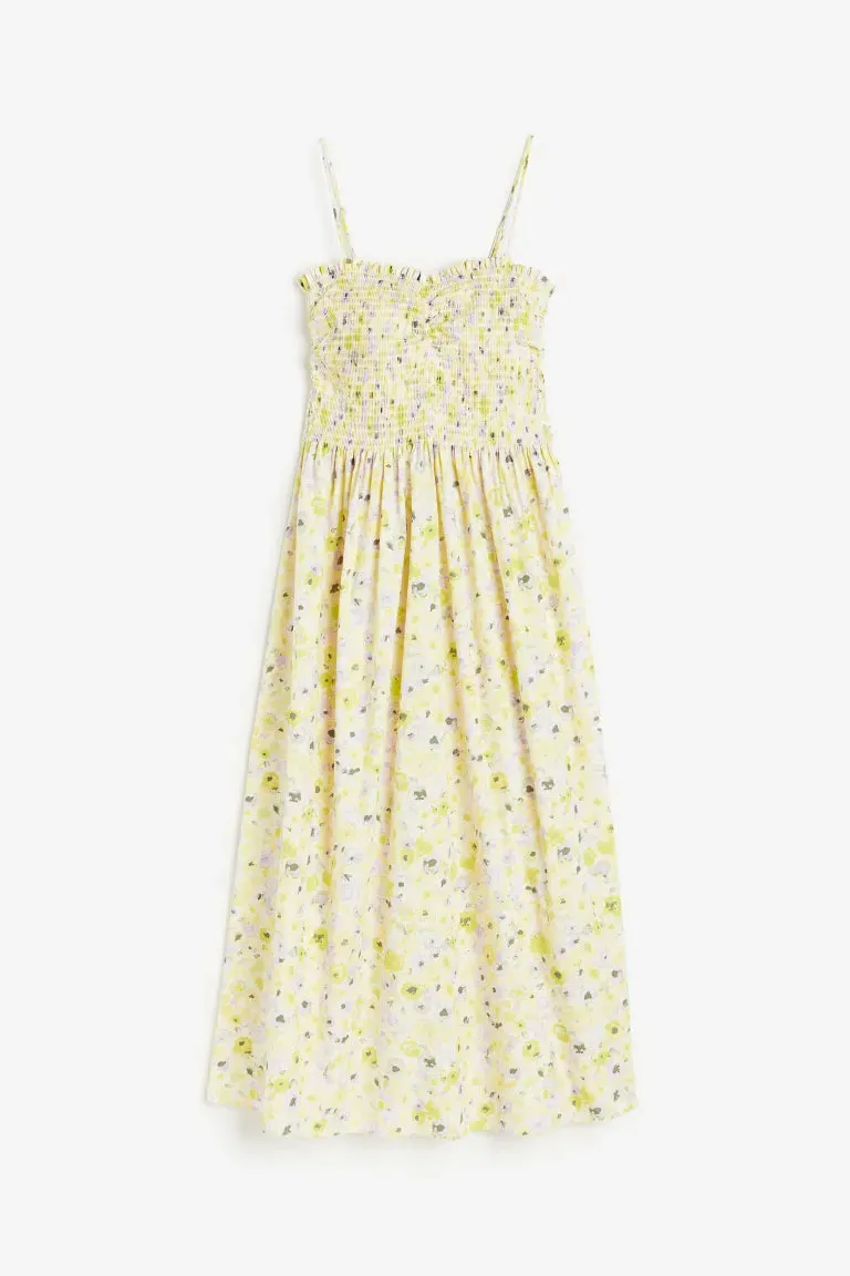 H&M smocked cotton dress, light yellow/floral