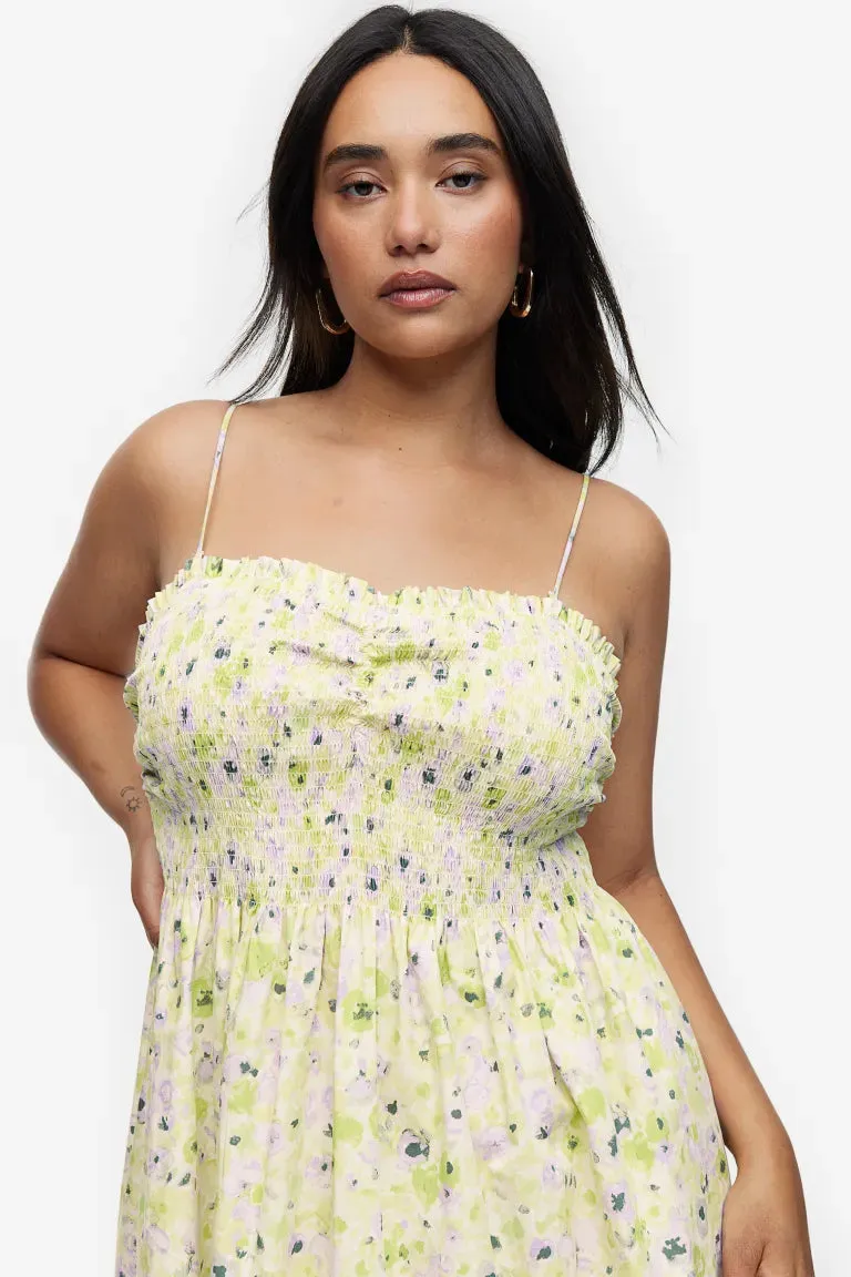 H&M smocked cotton dress, light yellow/floral