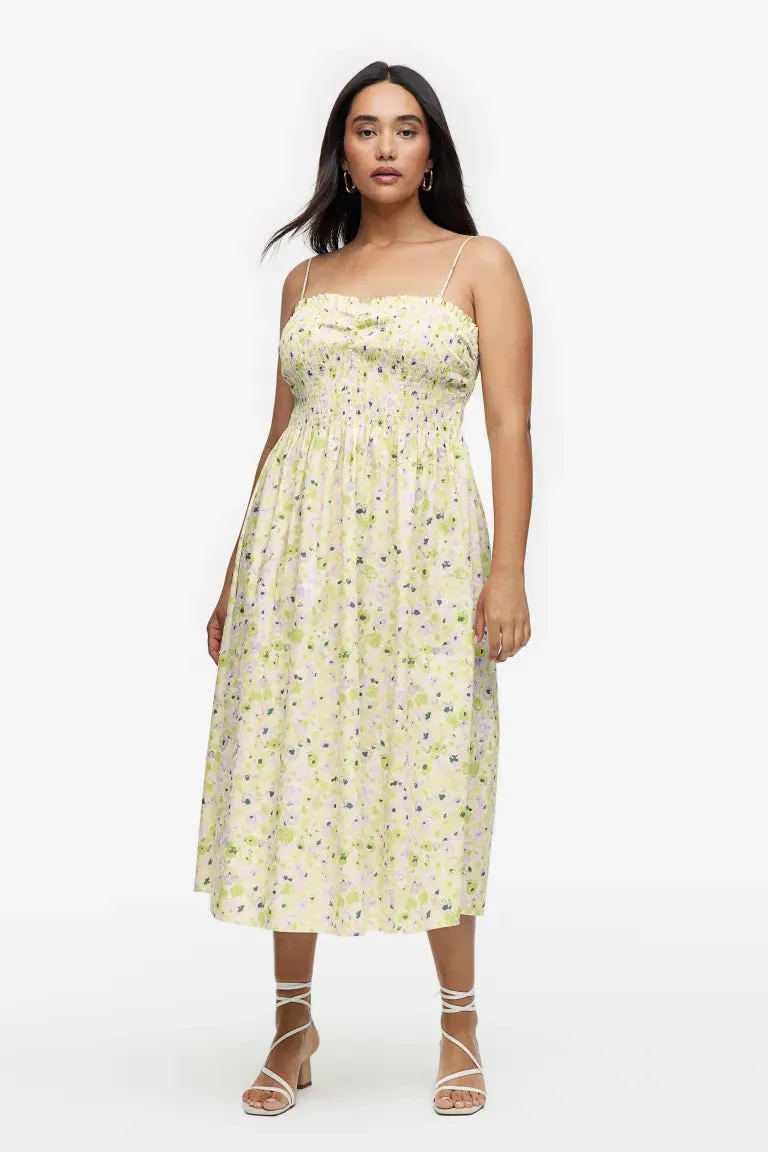 H&M smocked cotton dress, light yellow/floral