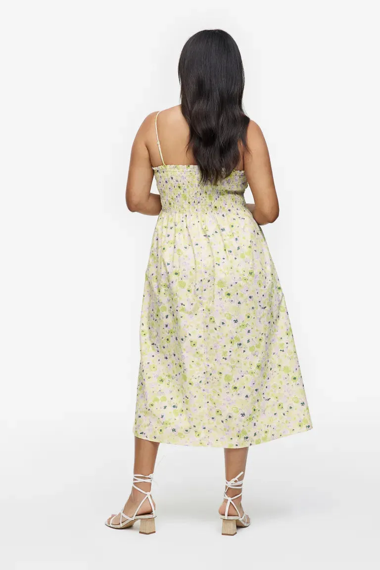 H&M smocked cotton dress, light yellow/floral