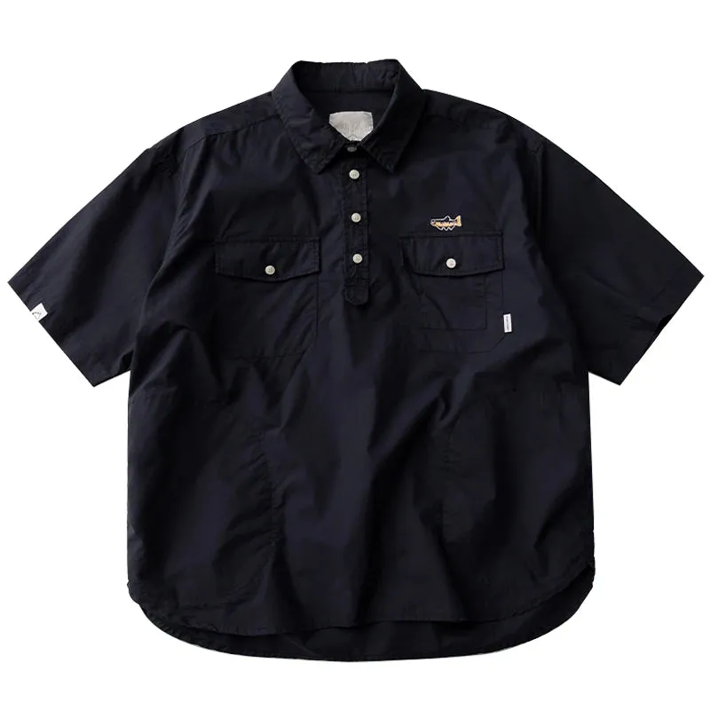 Japanese Streetwear Cargo Shirts with Korean Lapels and Short Sleeves