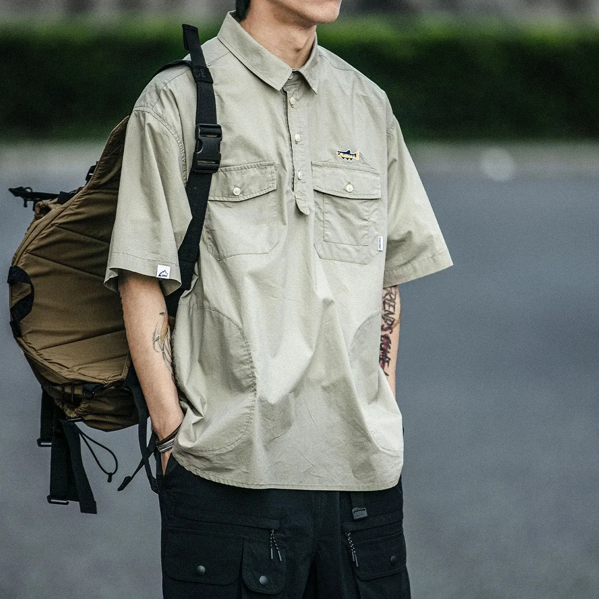 Japanese Streetwear Cargo Shirts with Korean Lapels and Short Sleeves