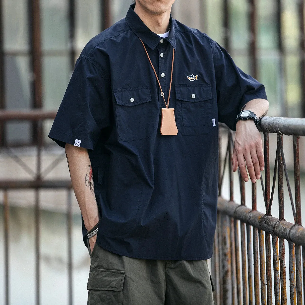 Japanese Streetwear Cargo Shirts with Korean Lapels and Short Sleeves