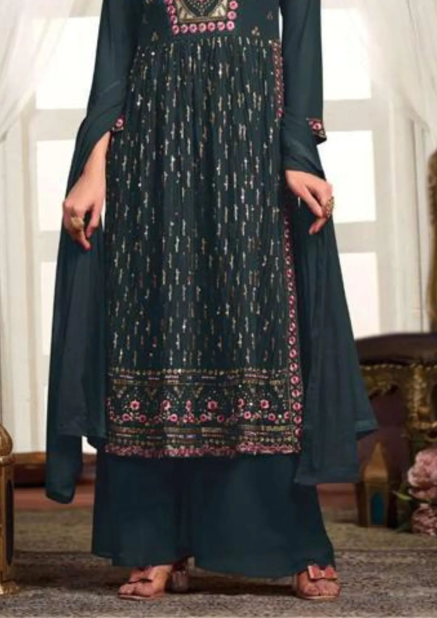 Lovely Green Color Embroidery Stone Work Kurti With Palazzo Suits