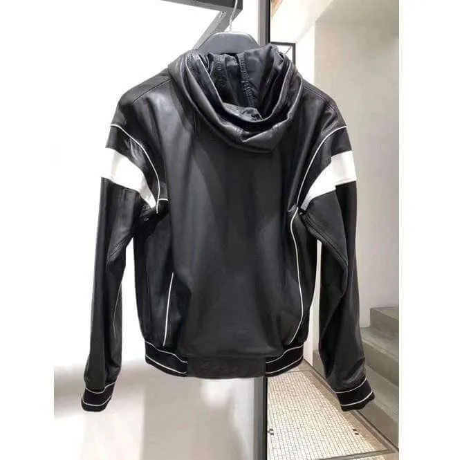 Men's Black White Hooded Leather Jacket, Men's Handmade Leather Jackets