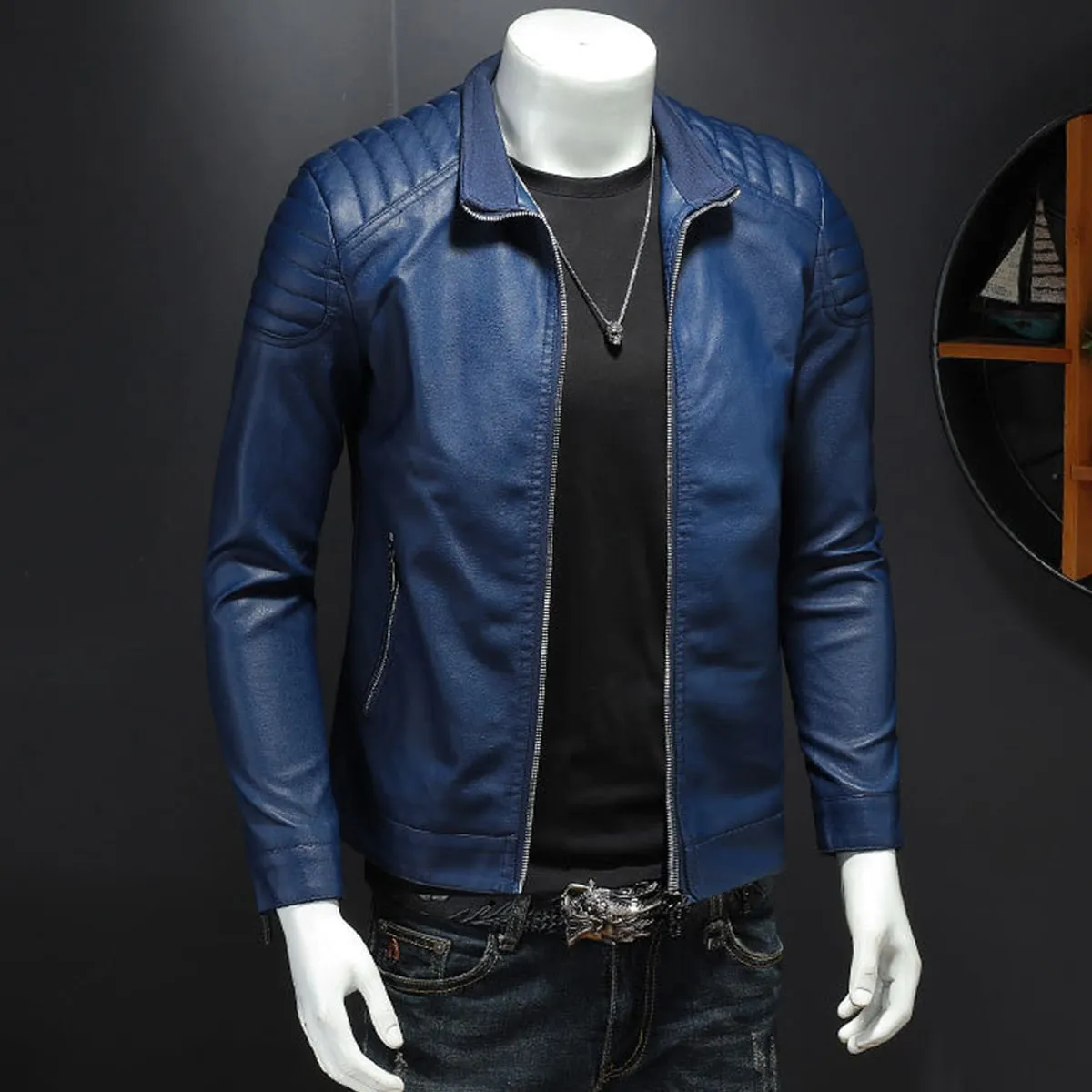 Men’s Blue Biker PU Stand Collar Korean Style Quilted Shoulders Motorcycle Rider Smooth Fashionable Casual Classic Faux Leather Jacket