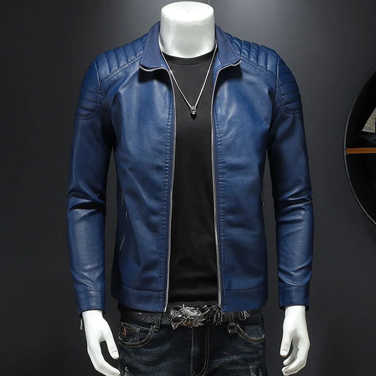 Men’s Blue Biker PU Stand Collar Korean Style Quilted Shoulders Motorcycle Rider Smooth Fashionable Casual Classic Faux Leather Jacket